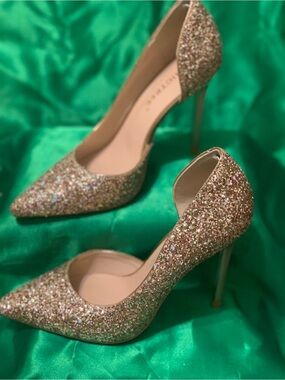 BIGTREE sparkly sequin Glitter Pointed-Toe Stiletto Pumps - Gold